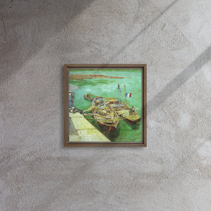 Van Gogh's 'Quay with Men Unloading Sand Barges' on a 12"x12" brown framed canvas print on a textured gray wall.