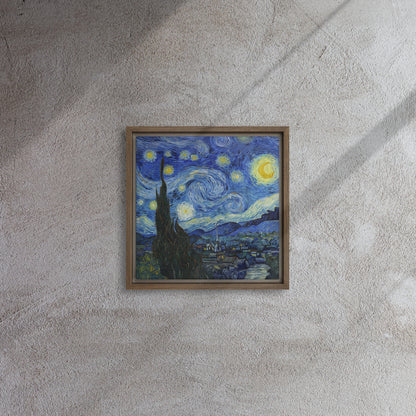 Van Gogh's 'Starry Night' on a 12"x12" brown framed canvas print on a textured gray wall.