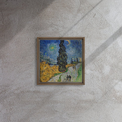Van Gogh's 'Road with Cypress and Star' on a 12"x12" brown framed canvas print on a textured gray wall.