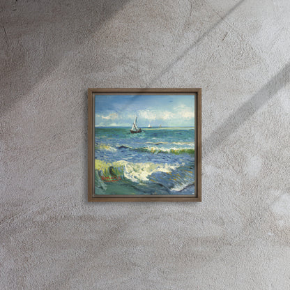 Van Gogh's 'The Sea at Les Saintes-Maries-de-la-Mer' on a 12"x12" brown framed canvas print on a textured gray wall.
