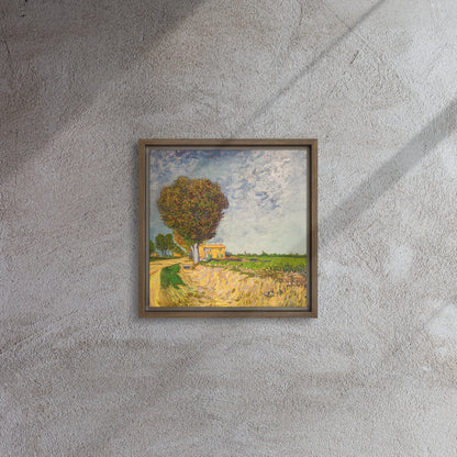 Van Gogh's 'A Lane near Arles' on a 12"x12" brown framed canvas print on a textured gray wall.