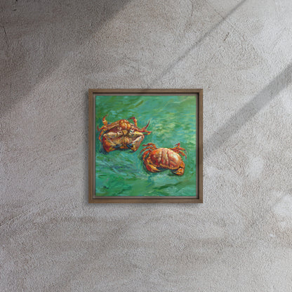 Van Gogh's 'Two Crabs' on a 12"x12" brown framed canvas print on a textured gray wall.