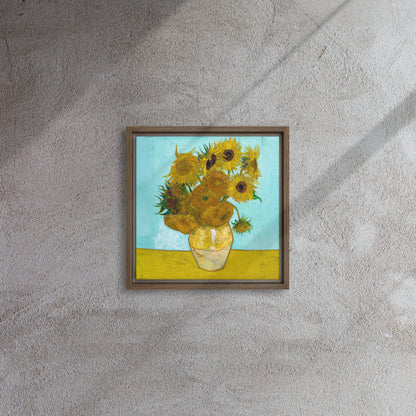 Van Gogh's 'Vase with Twelve Sunflowers' on a 12"x12" brown framed canvas print on a textured gray wall.