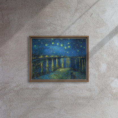Van Gogh's 'Starry Night Over the Rhone' on a 12"x16" brown framed canvas print on a textured gray wall.