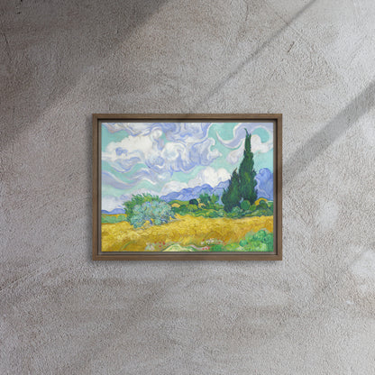 Van Gogh's 'Wheat Field with Cypresses' on a 12"x16" brown framed canvas print on a textured gray wall.