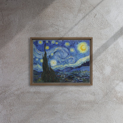 Van Gogh's 'Starry Night' on a 12"x16" brown framed canvas print on a textured gray wall.