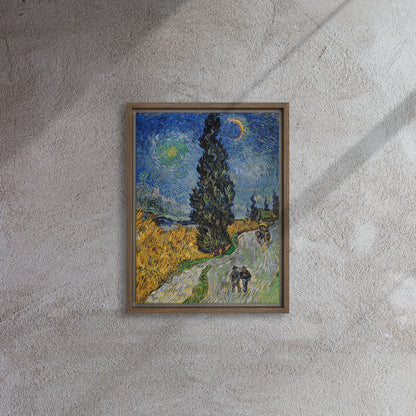 Van Gogh's 'Road with Cypress and Star' on a 12"x16" brown framed canvas print on a textured gray wall.