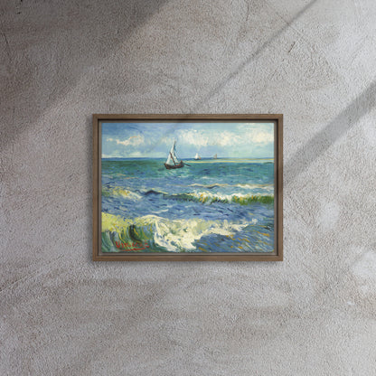 Van Gogh's 'The Sea at Les Saintes-Maries-de-la-Mer' on a 12"x16" brown framed canvas print on a textured gray wall.