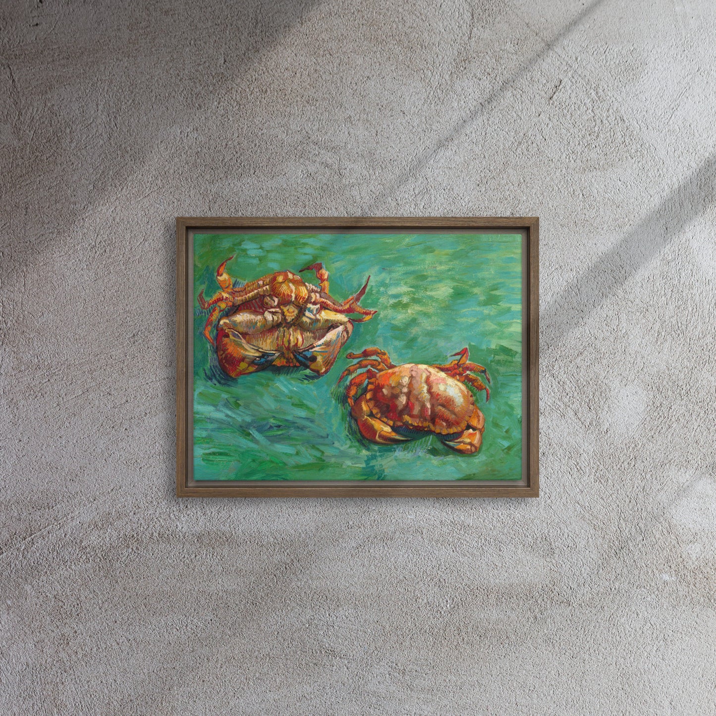 Van Gogh's 'Two Crabs' on a 12"x16" brown framed canvas print on a textured gray wall.