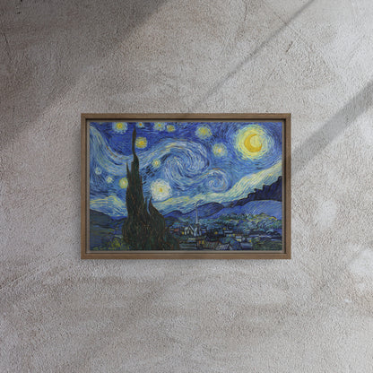 Van Gogh's 'Starry Night' on a 12"x18" brown framed canvas print on a textured gray wall.