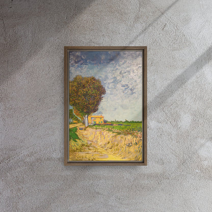 Van Gogh's 'A Lane near Arles' on a 12"x18" brown framed canvas print on a textured gray wall.
