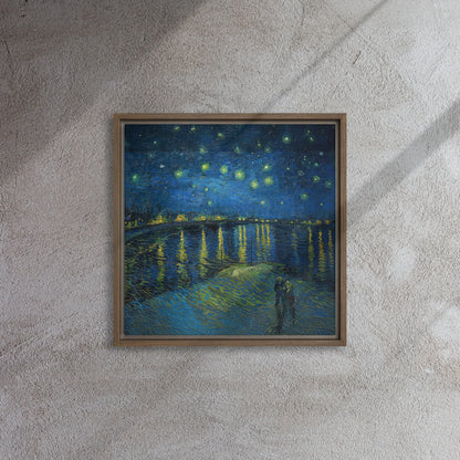 Van Gogh's 'Starry Night Over the Rhone' on a 16"x16" brown framed canvas print on a textured gray wall.