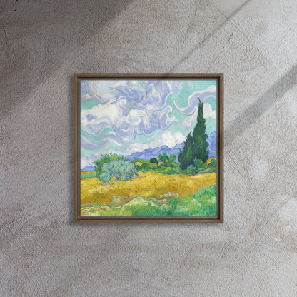 Van Gogh's 'Wheat Field with Cypresses' on a 16"x16" brown framed canvas print on a textured gray wall.