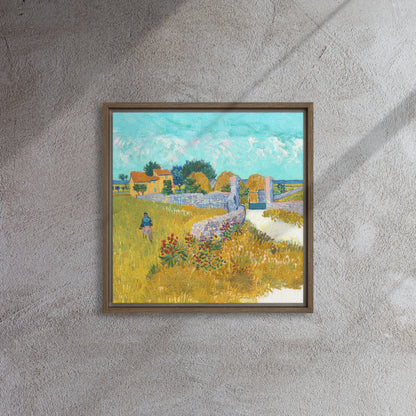 Van Gogh's 'Farmhouse in Provence' on a 16"x16" brown framed canvas print on a textured gray wall.