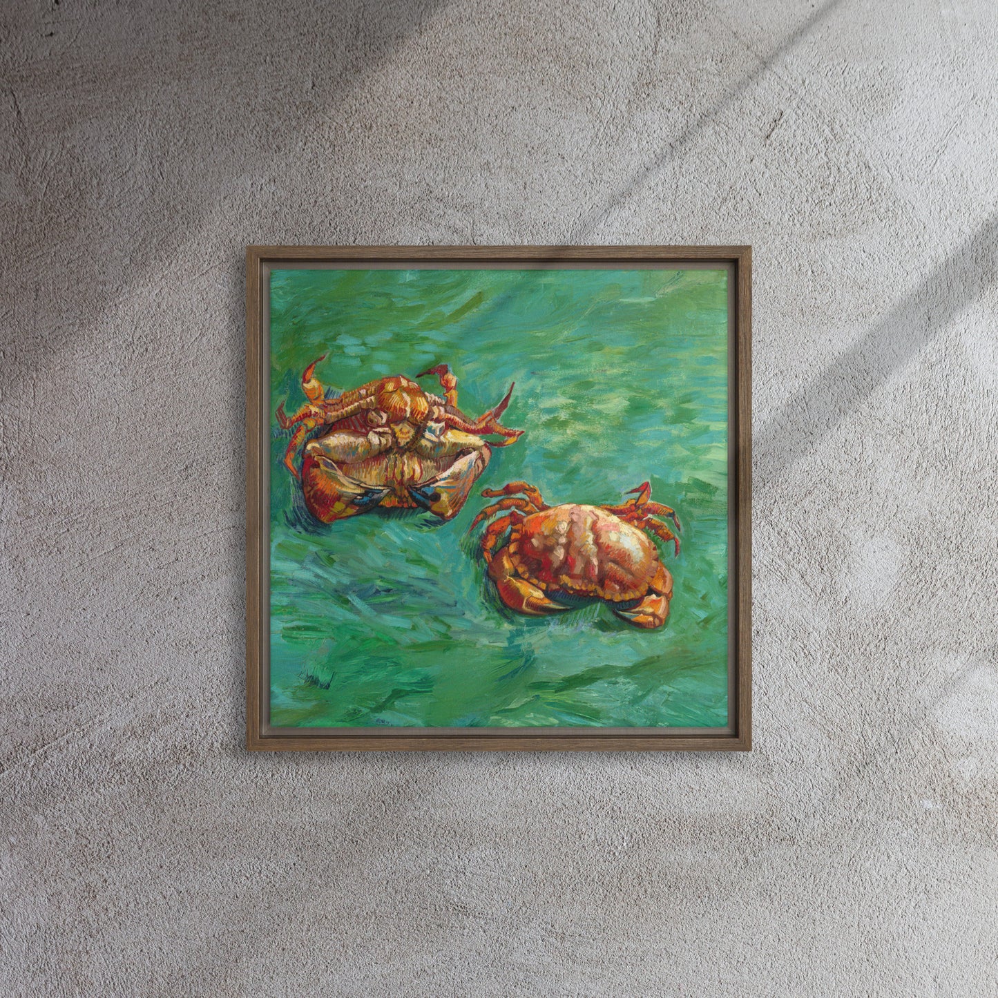 Van Gogh's 'Two Crabs' on a 16"x16" brown framed canvas print on a textured gray wall.