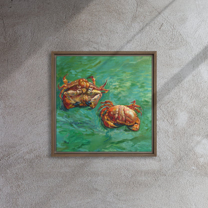 Van Gogh's 'Two Crabs' on a 16"x16" brown framed canvas print on a textured gray wall.