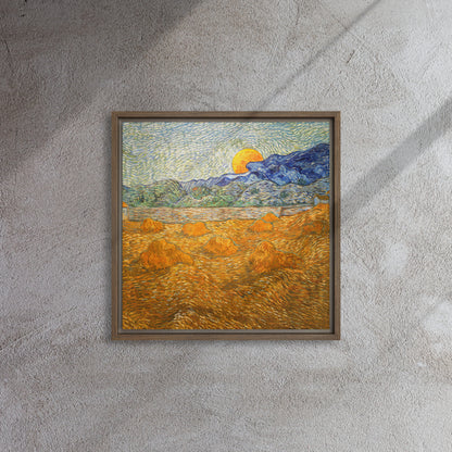 Van Gogh's 'Landscape with Wheat Sheaves and Rising Moon' on a 16"x16" brown framed canvas print on a textured gray wall.