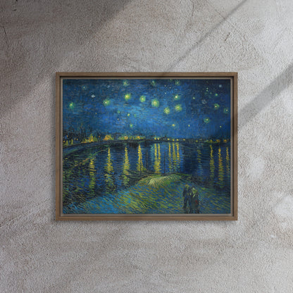 Van Gogh's 'Starry Night Over the Rhone' on a 16"x20" brown framed canvas print on a textured gray wall.