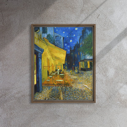 Van Gogh's 'Café Terrace at Night' on a 16"x20" brown framed canvas print on a textured gray wall.