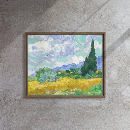 Van Gogh's 'Wheat Field with Cypresses' on a 16"x20" brown framed canvas print on a textured gray wall.