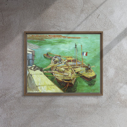 Van Gogh's 'Quay with Men Unloading Sand Barges' on a 16"x20" brown framed canvas print on a textured gray wall.