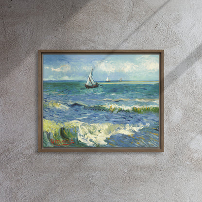 Van Gogh's 'The Sea at Les Saintes-Maries-de-la-Mer' on a 16"x20" brown framed canvas print on a textured gray wall.