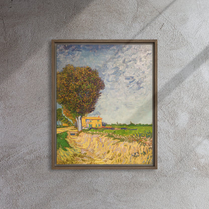 Van Gogh's 'A Lane near Arles' on a 16"x20" brown framed canvas print on a textured gray wall.