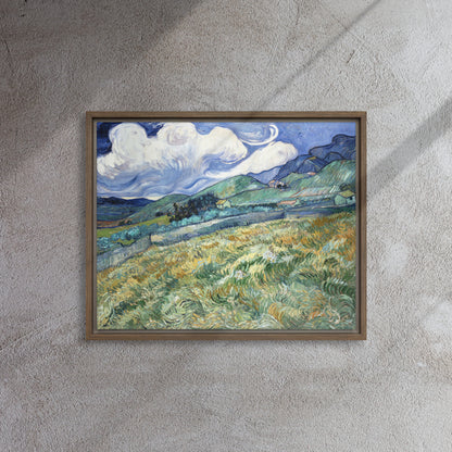Van Gogh's 'Landscape from Saint-Rémy' on a 16"x20" brown framed canvas print on a textured gray wall.