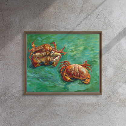 Van Gogh's 'Two Crabs' on a 16"x20" brown framed canvas print on a textured gray wall.