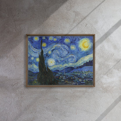 Van Gogh's 'Starry Night' on a 18"x24" brown framed canvas print on a textured gray wall.