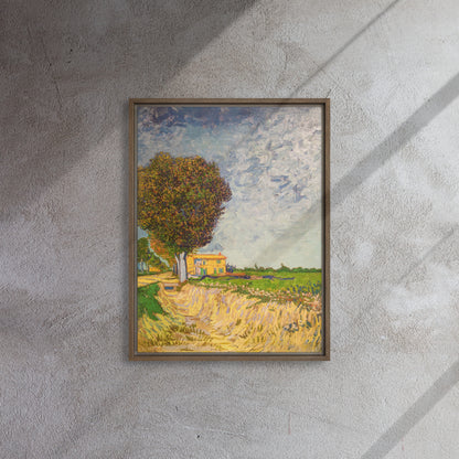 Van Gogh's 'A Lane near Arles' on a 18"x24" brown framed canvas print on a textured gray wall.