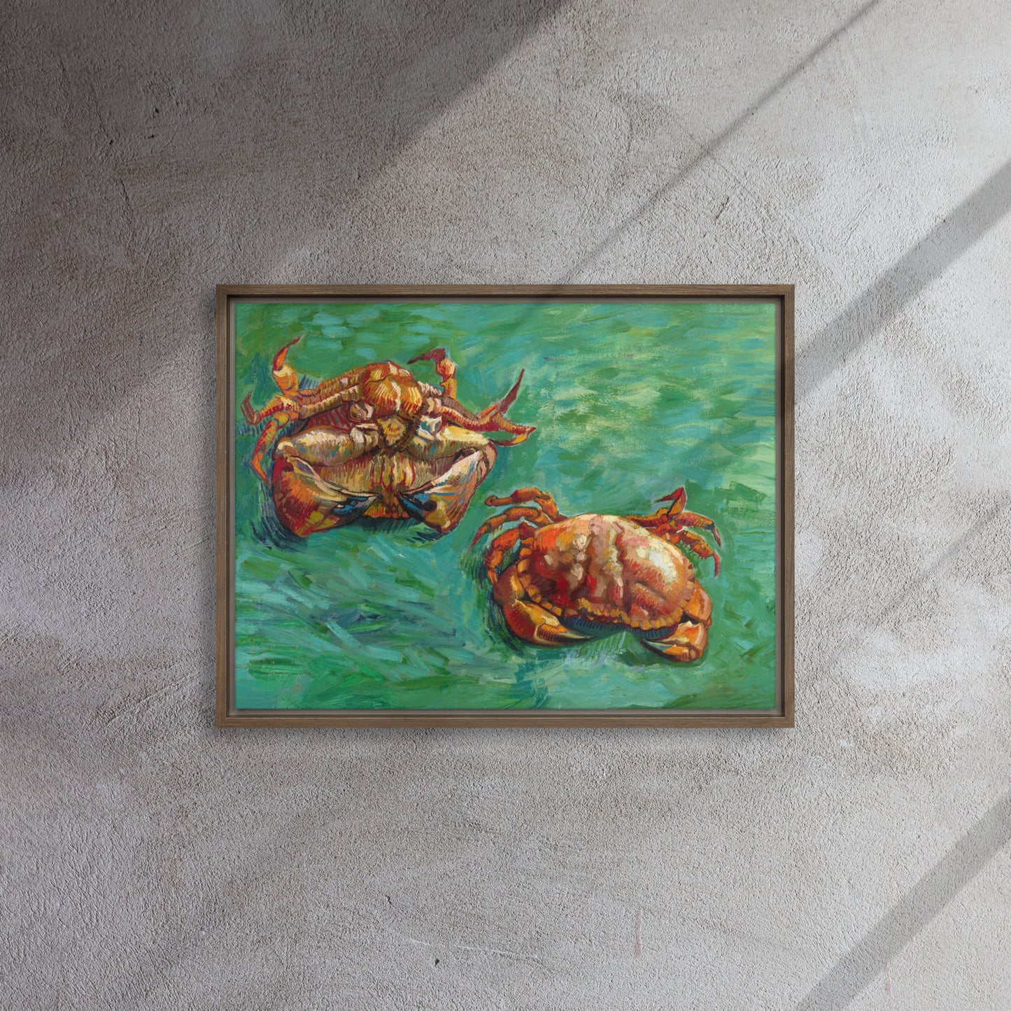 Van Gogh's 'Two Crabs' on a 18"x24" brown framed canvas print on a textured gray wall.