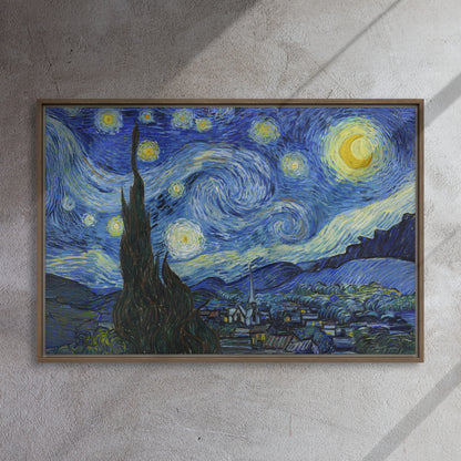 Van Gogh's 'Starry Night' on a 24"x36" brown framed canvas print on a textured gray wall.