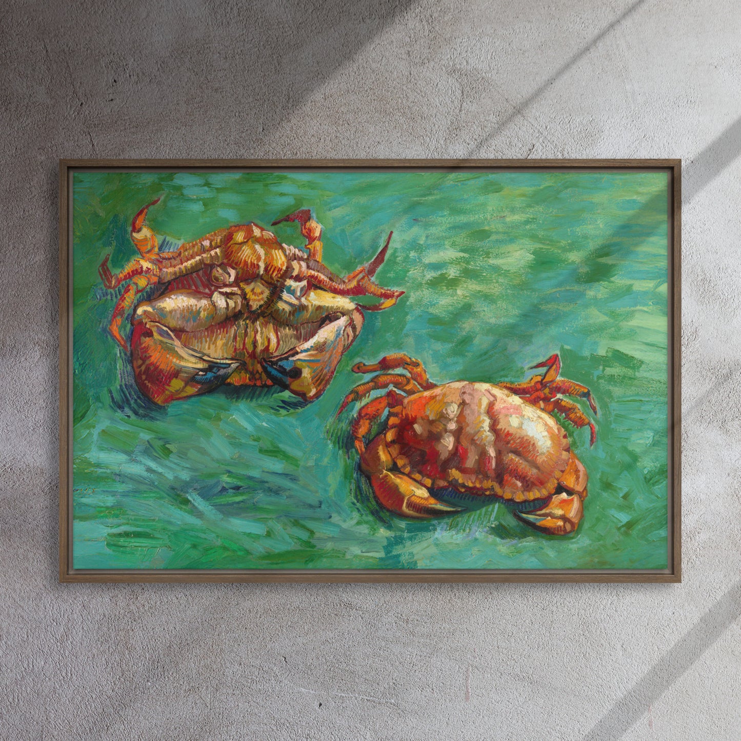 Van Gogh's 'Two Crabs' on a 24"x36" brown framed canvas print on a textured gray wall.