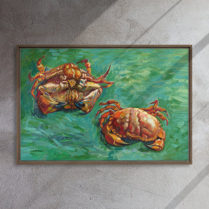 Van Gogh's 'Two Crabs' on a 24"x36" brown framed canvas print on a textured gray wall.