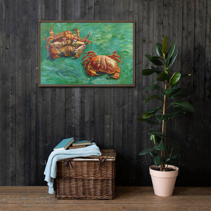 Van Gogh's 'Two Crabs' on a 24"x36" brown framed canvas print on a dark wooden wall with a wicker bin and plant below.