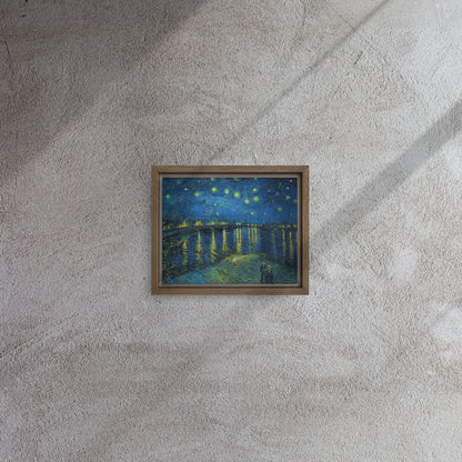 Van Gogh's 'Starry Night Over the Rhone' on a 8"x10" brown framed canvas print on a textured gray wall.