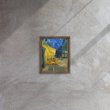 Van Gogh's 'Café Terrace at Night' on a 8"x10" brown framed canvas print on a textured gray wall.