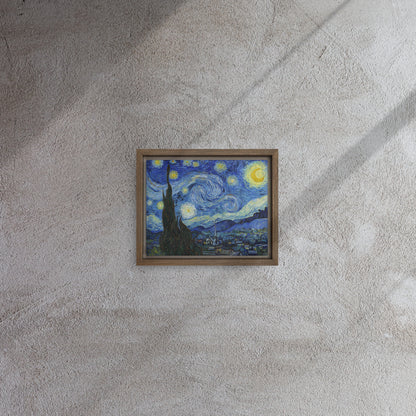 Van Gogh's 'Starry Night' on a 8"x10" brown framed canvas print on a textured gray wall.