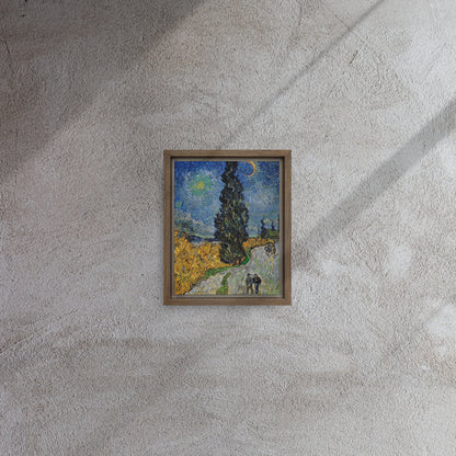Van Gogh's 'Road with Cypress and Star' on a 8"x10" brown framed canvas print on a textured gray wall.