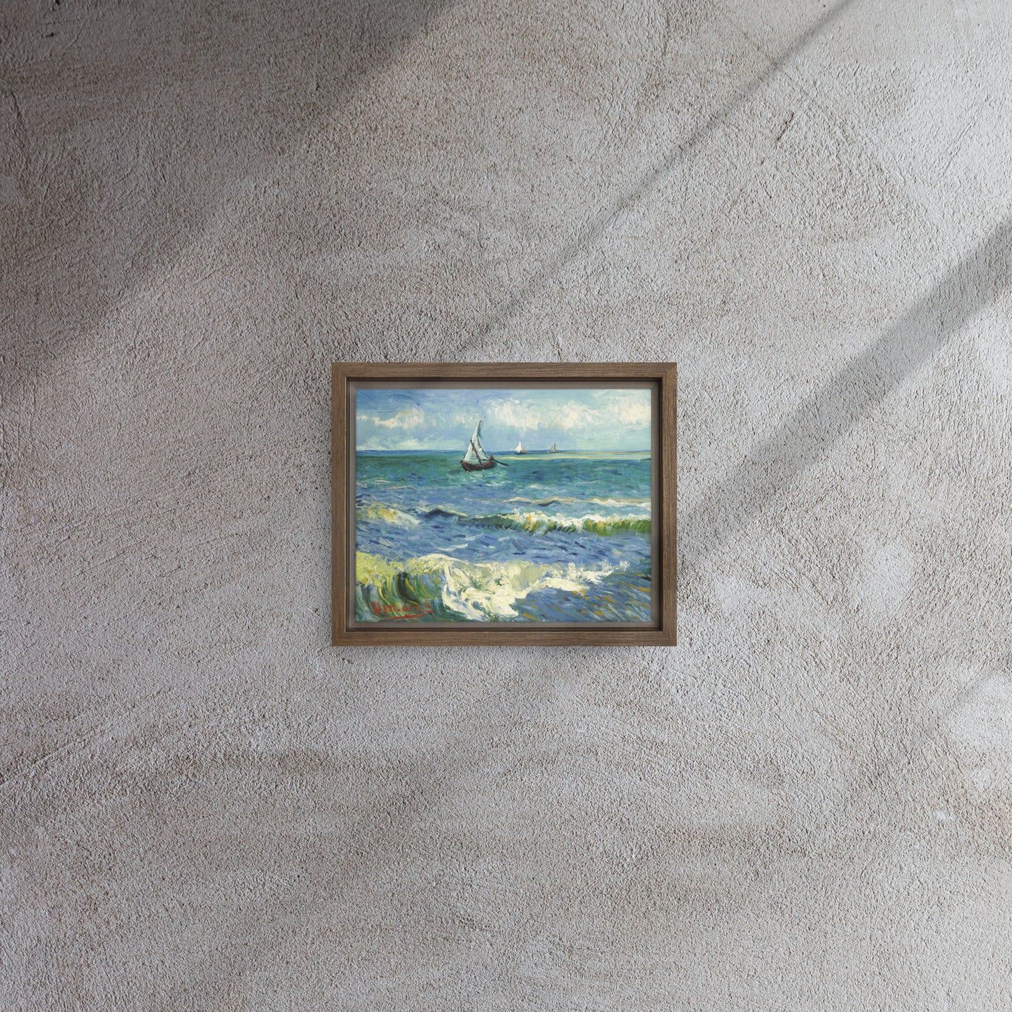 Van Gogh's 'The Sea at Les Saintes-Maries-de-la-Mer' on a 8"x10" brown framed canvas print on a textured gray wall.