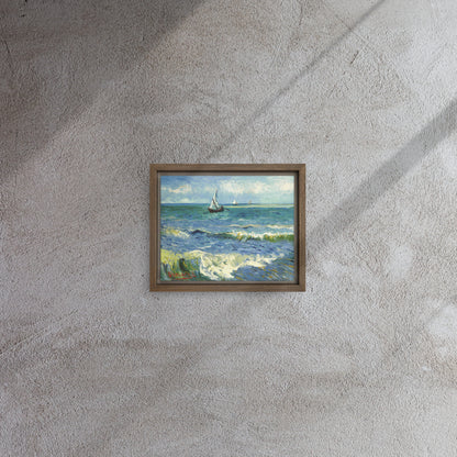 Van Gogh's 'The Sea at Les Saintes-Maries-de-la-Mer' on a 8"x10" brown framed canvas print on a textured gray wall.