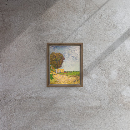 Van Gogh's 'A Lane near Arles' on a 8"x10" brown framed canvas print on a textured gray wall.