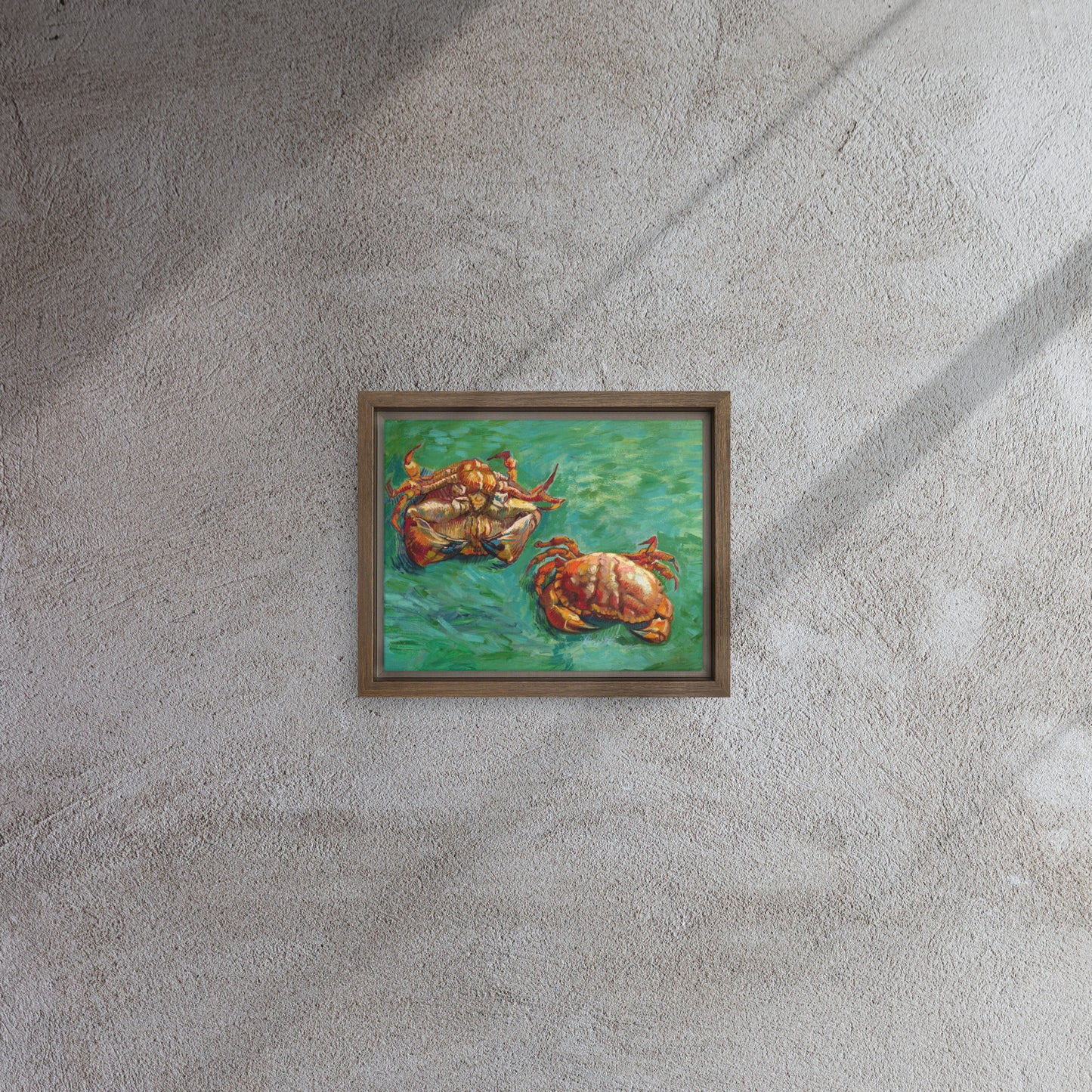 Van Gogh's 'Two Crabs' on a 8"x10" brown framed canvas print on a textured gray wall.