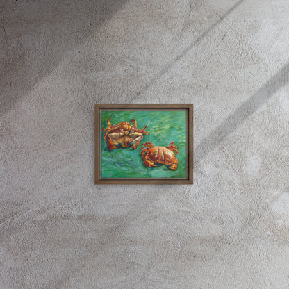 Van Gogh's 'Two Crabs' on a 8"x10" brown framed canvas print on a textured gray wall.