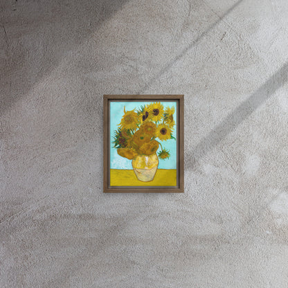 Van Gogh's 'Vase with Twelve Sunflowers' on a 8"x10" brown framed canvas print on a textured gray wall.