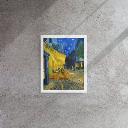 Van Gogh's 'Café Terrace at Night' on a 11"x14" white framed canvas print on a textured gray wall.