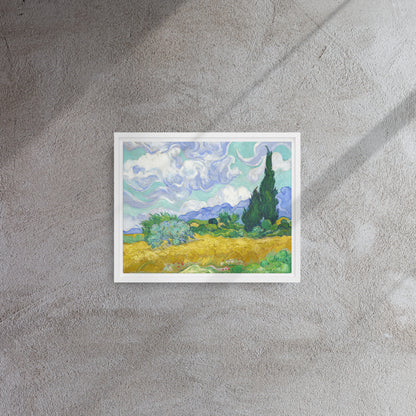 Van Gogh's 'Wheat Field with Cypresses' on a 11"x14" white framed canvas print on a textured gray wall.