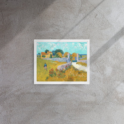 Van Gogh's 'Farmhouse in Provence' on a 11"x14" white framed canvas print on a textured gray wall.