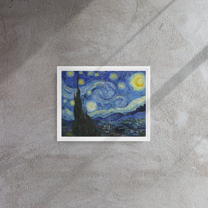 Van Gogh's 'Starry Night' on a 11"x14" white framed canvas print on a textured gray wall.